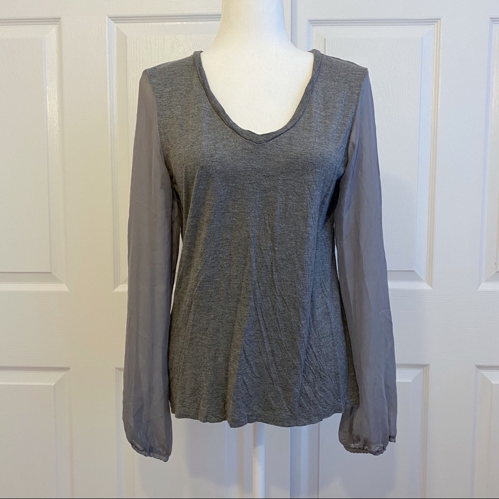 BCBG Paris Gray V Neck Sheer Sleeve Blouse Top
